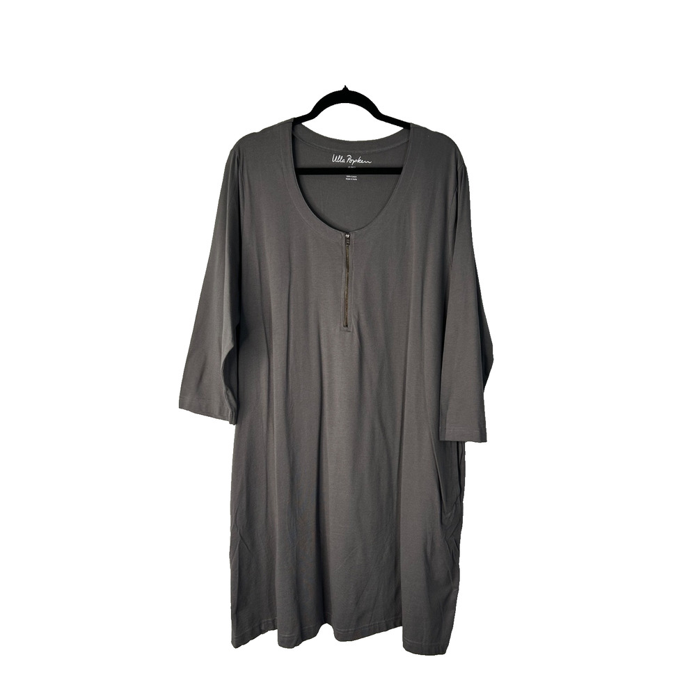 Ulla Popken Tunic Dress Size 20/22 Gray Cotton Knit Half Zip 3/4 Sleeve Pockets‎